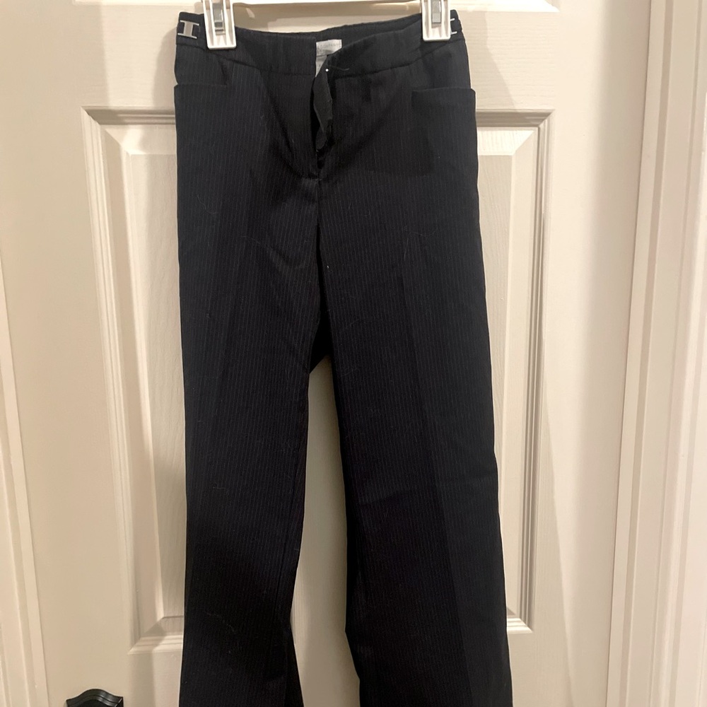 Classy White Pin-striped navy slacks. Like-new, lowrise w/slight bootcut flare.
